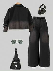 2pcs/Set Casual Fashion Street Style Letter Print Pocket Zip Up Denim Jacket And Straight Leg Denim Pants For Teenage Girls