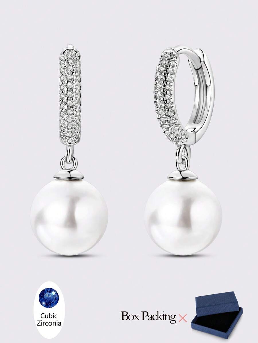 1 Pair 925 Sterling Silver Hoop Earrings For Women Class French Style Cubic Zirconia Pave Set Elegance Earrings Jewelry Gifts Fits Daily Party Shopping Wear - Silver - View 1