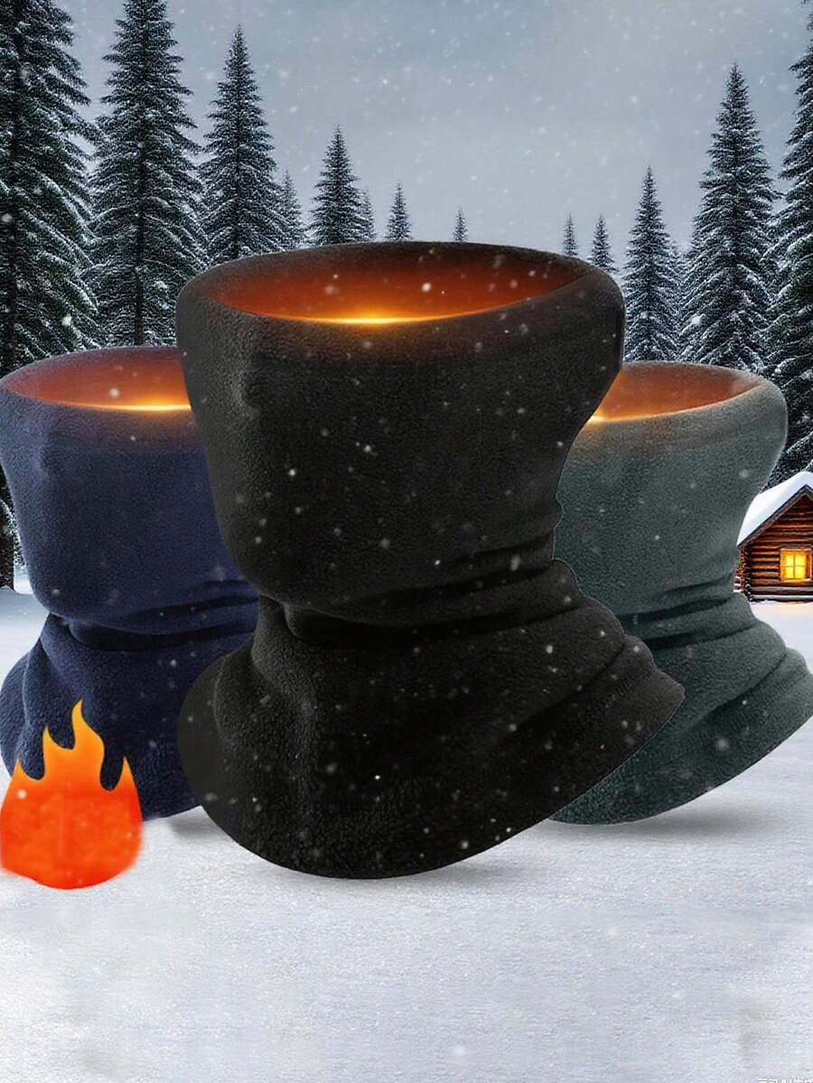 1pc Men's Outdoor Warm Neck Gaiter, Fleece Ski Face Mask, Sherpa Lined Windproof Drawstring Thick Neck Warmer, Autumn/Winter - Black - View 1