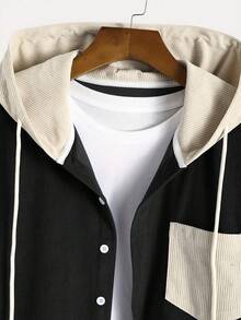 Fashionable Corduroy Fabric Simple Fashion Men's 2 Pieces Set, Hooded Contrast Button Cardigan With Drawstring And Slant Pockets, Casual Collegiate Style For Daily Wear, Spring/Autumn/Winter New Arrival Long Sleeve Hoodie 2 Pieces Set