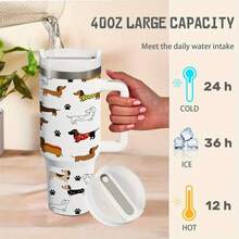1 Pc 40oz Stainless Steel Straw  Cup With Handle, Cartoon Dachshund Colorful Clothing With Paw Print Pattern, Double-Layer Insulated  Cup, 12 Hours Of Heat Preservation/24 Hours Of Cold Preservation, Fun Kitchen Drinking Utensils, Perfect For Birthday Or Holiday Gifts For Dog Lovers And Friends. - 白色 - 查看 7