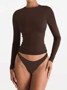 XLLAIS 女士弹力修身休闲夜店风长袖亮红色T恤，秋冬春季款 - 深咖色 - 查看 7