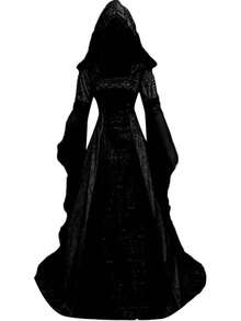 Hooded Gothic Dress For Women, Victorian Medieval Renaissance Costume With Corset Lacing, Elegant Halloween Party Gown - 黑色 - 查看 1