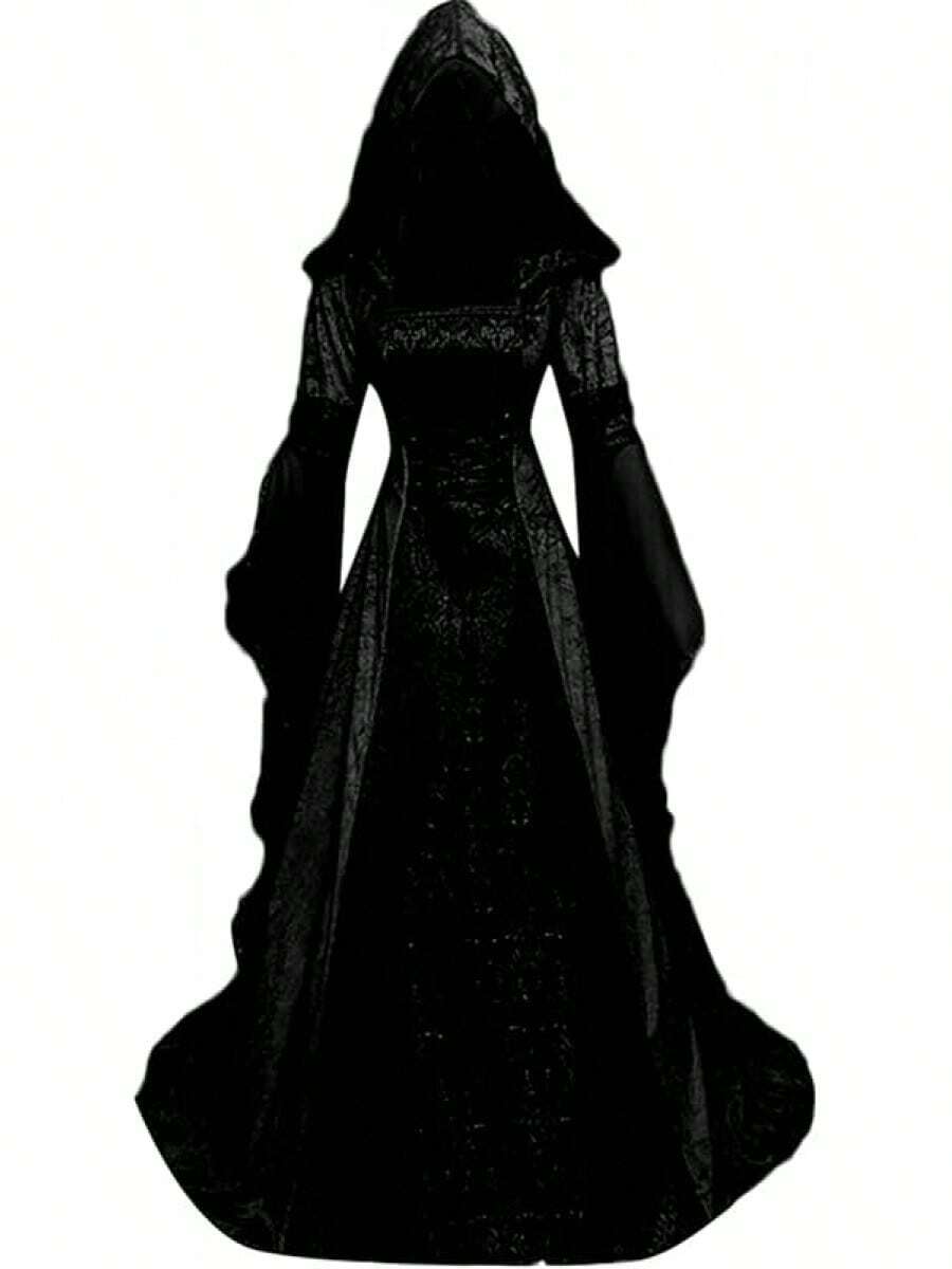 Hooded Gothic Dress For Women, Victorian Medieval Renaissance Costume With Corset Lacing, Elegant Halloween Party Gown - 黑色 - 查看 1