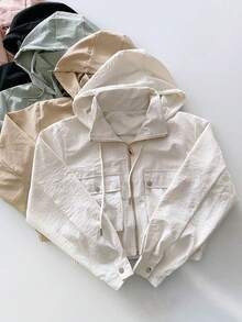 Women's Windbreaker Jacket With Double Lining, Front Pockets, Button Detail On The Cuff And Hood - MM Modas Oficial - White - View 2