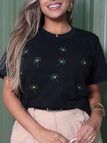 Elegant BLOUSE Women's Elegant T-Shirt Embroidered Coconut Tree T-Shirt 100% Cotton. Printed - màu đen - Xem 8