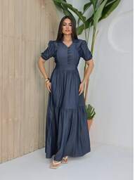 Vestido longo luxo chambray imitacao jeans gola e botao manga curto