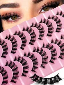 Rikuaild 10 Pairs Fluffy & Voluminous False Eyelashes, Russian Style Strip Lashes, D-Curl Faux Mink Lashes, Thick Lash Extensions, Essential Makeup Tool For Travel, Party, Music Festival, Reusable Fluffy Fake Eyelashes - 俄羅斯條狀假睫毛 - 查看 1