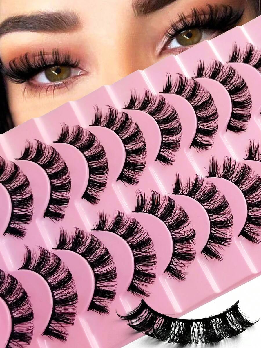 Rikuaild 10 Pairs Fluffy & Voluminous False Eyelashes, Russian Style Strip Lashes, D-Curl Faux Mink Lashes, Thick Lash Extensions, Essential Makeup Tool For Travel, Party, Music Festival, Reusable Fluffy Fake Eyelashes - 俄羅斯條狀假睫毛 - 查看 1