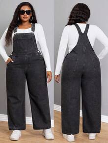 Black Denim Pocket Elegant Jumpsuit Daily Plus Size Casual Outfit For Women Long Pants Straight Leg Jeans Summer Outfit