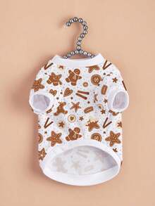 1pc Christmas Gingerbread Man Print T-Shirt, Suitable For Cats And Dogs, Polyester Stretch Soft And Comfortable, Suitable For Indoor And Outdoor Wear, Ideal For Christmas Outfit - White - View 6