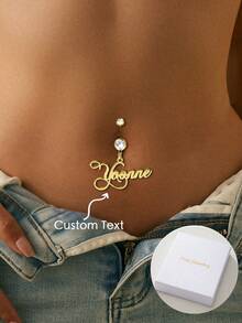 A Fashionable And Artificial Zirconia Can Be Customized With An English Name Navel Nail, An Elegant And Sexy Jewelry Gift For Friends' Birthdays And Holidays, Made Of Stainless Steel Material,New Year Glamour - Silver - View 1