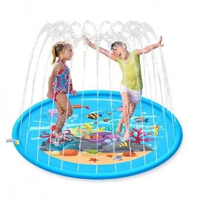 1 Blue Dolphin Kids Splash Mat - Durable PVC Outdoor Play Mat With Ocean Animal Prints And Interactive Water Spray System, Perfect For Summer Backyard Fun For Kids Ages 3+, Dolphin-Shaped Design