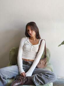 Womens Slim Fit Henley Shirts Long Sleeve V Neck Button Down Casual Tops - 白色 - 查看 3