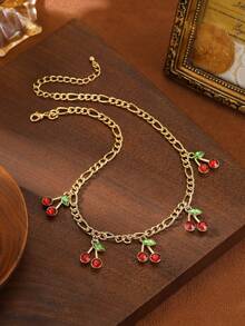 1pc Women's Fashion Jewelry, Vintage Style 18K Gold-Plated Cherry Pendant Necklace, Suitable For Vacation & Fashion, Cute Daily Accessory, Luxurious & Playful, Velvet Bag Included