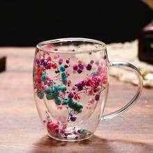 Customized Text & Petal Design High-Value Dual-Layer Glass Cup, Creative High Borosilicate Glass Cup,Chic Design