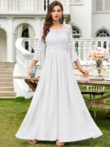 MIUSOL 亮片花卉蕾丝喇叭袖撞色雪纺荷叶边下摆正式派对礼服，优雅半正式女士礼服，适合婚礼宾客、毕业典礼、宴会等场合 白色 - 白色 - 查看 6