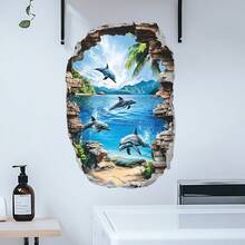 1pc 30x40 3D Dolphin Ocean Scene Wall Sticker, Creative 3D Visual Wall Decor, Removable Self-Adhesive Wallpaper, Suitable For Bathroom And Room - Multicolor - View 7