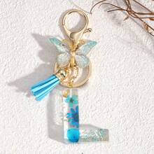 Fashionable Butterfly Tassel Flower Initial Keychain For Girl And Ladies, Blue Cute Dry Flower Dandelion Letter Key Chain, Backpack/Handbag Decoration Gift Bag Accessories Lanyards With Id Holder Car Accessories Bag Charms Christmas Car Accessories Teacher Friend Sister Gift Ideas