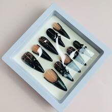 10 PCS Handmade 2025 Press - On Nails | LaceBow With Acrylic Lace And Bow Accents - màu đen - Xem 6