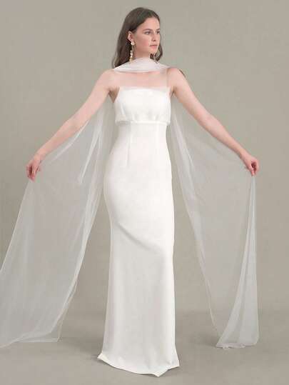 1pc Women's Bridal Long White Neck Veil, Shawl Scarf For Wedding Dress, Beach, Photo Shoot, Party