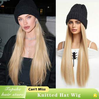 Synthetic Long Body Wave Curly/Straight Stylish Hair Extensions With Black Knitted Hat , Black Knitted Hat Wig For Women Halloween, Christmas, Party And Daily Use