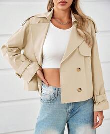 Womens Oversized Cropped Trench Coat Double Breasted Lapel Long Sleeve Short Jacket Outwear - Apricot - View 2