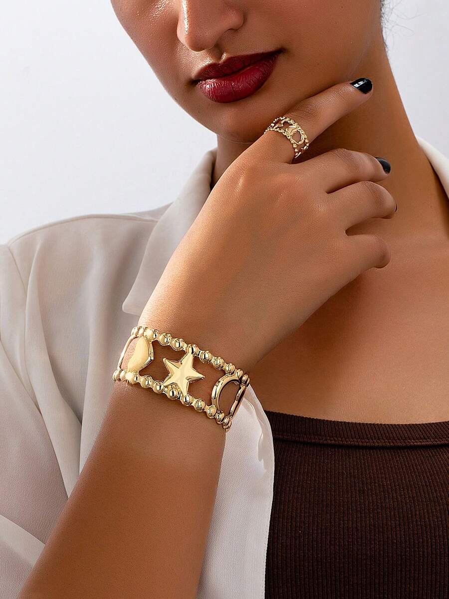 2件套镂空星月手链戒指套装，适合派对、聚会和日常佩戴 - 金色 - 查看 1