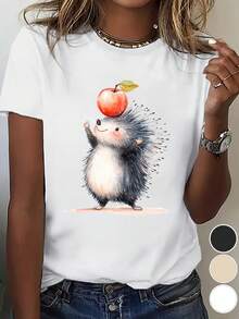 Autumn Animals Little Hedgehog Black And White Apricot Multi-Color Women's Short-Sleeved Round-Neck T-Shirt Printed Top, Casual And Elegant Summer T-Shirt, Women's Summer Clothing Promotion, Halloween And Christmas Festival Gifts - 白色 - 查看 1