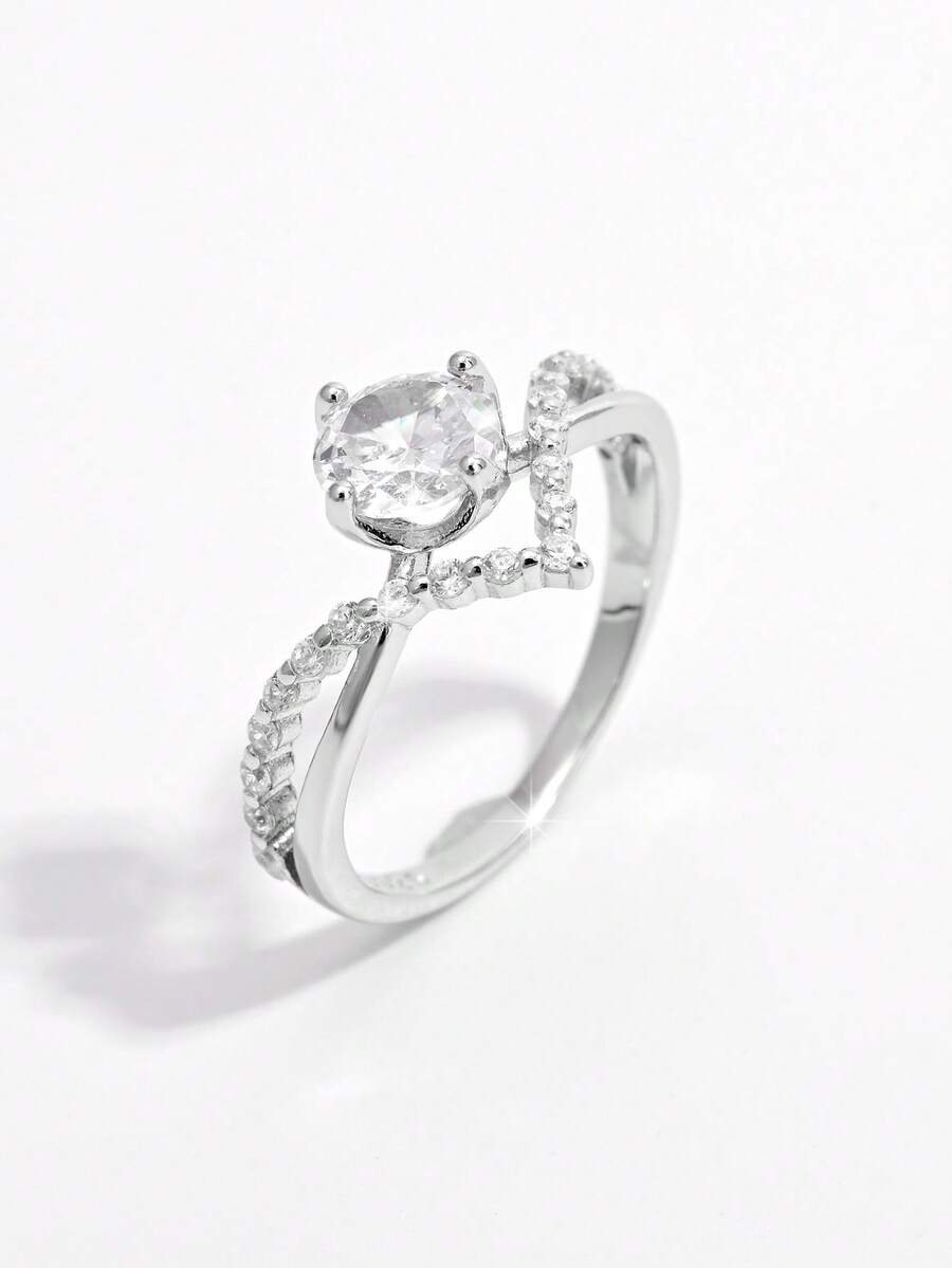 1pc Elegant Shiny Sophisticated 925 Silver Cubic Zirconia V-Shaped Round Stone Design Ring, Suitable For Women's Daily Wear, Dates, Engagements, Weddings To Add Charm As A Gift
