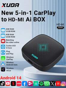 XUDA 新款五合一 Carplay Ai Box 支持 Hdni 高清输出、Android 14/Carplay/Android Auto/HiCar，并支持在四种操作系统之间切换 4+32GB/4+64GB 提供高性能、多功能、稳定流畅运行不间断，以及内置应用程序 - 黑色 - 查看 11