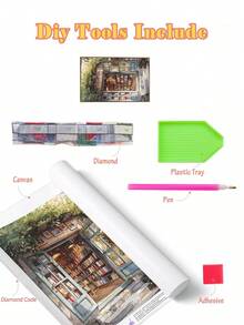 5D DIY Diamond Painting | Autumn Countryside Bookstore Scenery Diamond Painting Kits. Dappled Sunlight Shines On The Bookstore Doorway. HD Art Diamond, Handmade Decorative Painting, Rhinestones Full Mosaic Crafts Kit, Exercises For DIY Skills And Concentration. - Multicolor - View 3