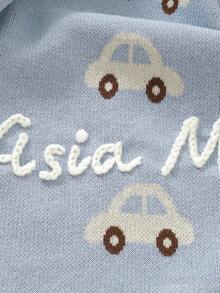 Manta de punto bordada con nombre personalizado para niños, con lindo diseño de autos, apta para todas las estaciones - Azul claro - Ver 5