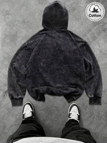 秋冬男士十字图案连帽卫衣，略带弹性，纯棉黑色长袖开衫拉链卫衣，休闲日常返校季外套 - 黑色 - 查看 3