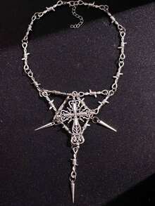1pc Punk Layered Metal Cross Chain Necklace, Fashion Jewelry Gift For Women, Party Accessory - Black - View 7