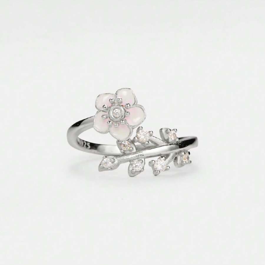PERIMADE Sakura Flower  Ring • Pink Cherry Blossom Leaf Spinning Ring • Sterling Silver Friendship Jewelry • Best Friend Gift - Silver - View 1