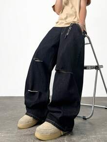 1pc Fashionable Loose Fit Distressed Embroidered Denim Jeans, Versatile Streetwear Style Casual Pants For Men, All Season - màu đen - Xem 3