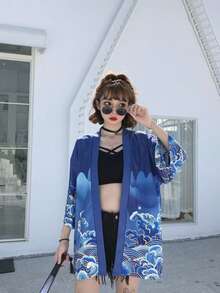 Chinese Style Retro Improved Hanfu Cardigan, New Chinese Open Jacket, Summer Kimono Robe, Lightweight Casual Outerwear - Blue - View 7
