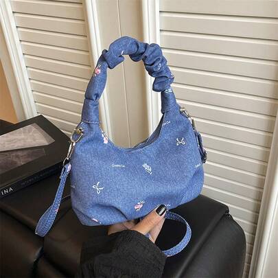 Women Shoulder Bag, Large Capacity Flower Bow Print Handbag Soft Tote Underarm Bag For Casual Daily