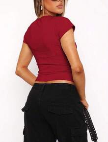 Women's Baby Tee Casual Minimalist Summer Fashion Babylook Blouse - 紅色 - 查看 2