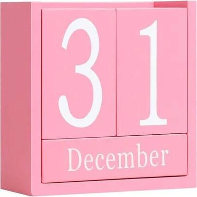 DEERINE Wooden Block Calendar For Desk, Small Size Daily Desktop Perpetual Desk Calendar, Cute Date Display Desk Accessories For Home Office Decor, Teacher, Classroom, Reusable Yearly, Pink