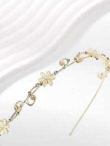 1 件珍珠和水钻花朵头带，甜美可爱风格，适合日常使用，高冠，洗脸发饰，女士发带，秋季服装，发箍 - 金色 - 查看 2