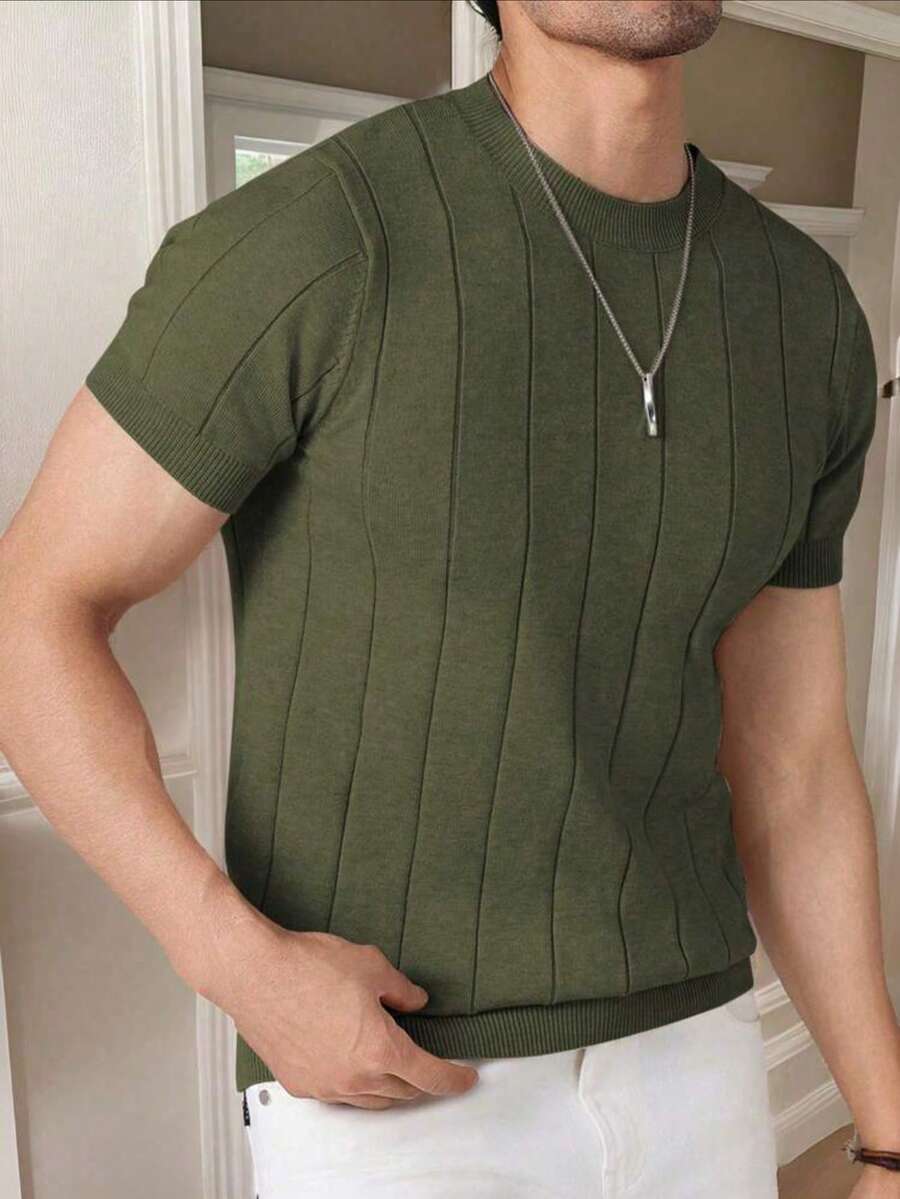 Men's Casual Crew Neck Solid Color Short Sleeve Knit T-Shirt - Green - View 1
