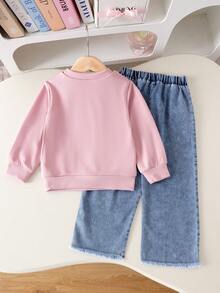 2pcs Young Girls Sweet Minimalist 3D Bow Long Sleeve Top And Pocket Denim Pants Set, Spring/Autumn - Pink - View 2