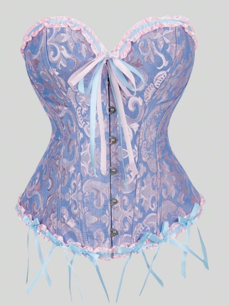 1 件女士提花紧身胸衣，蝴蝶结设计，蕾丝胸部支撑和腰部束带，适合万圣节、派对 - 藍色 - 查看 1