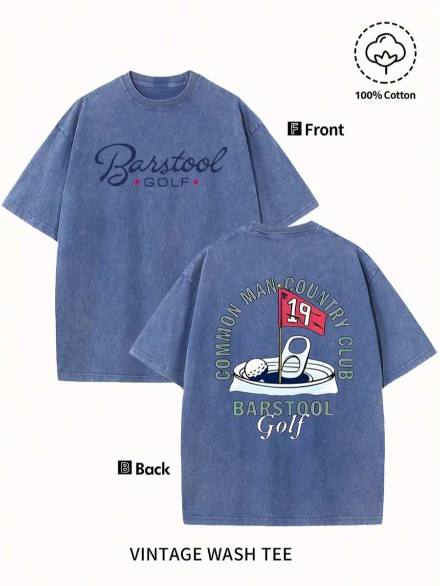 Bastrol Manor Golf Club Print T-Shirt - Men'S Casual Round Neck Short Sleeve, 230g Washed Cotton, All Season Comfortable, Machine Washable, Suitable For Casual Everyday And Outdoor Wear - Xanh đậm - Xem 1
