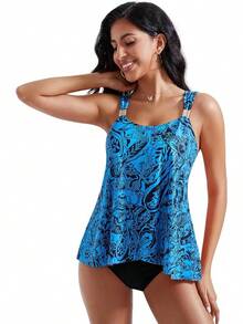 High Waisted Ruffle Tankini Swimsuit Plus Size Tummy Control - Blue Paisley - View 4