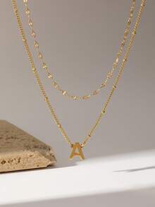 女士双层不锈钢项链，26个金银字母，欧美时尚风格，珠宝批发 - 金色 - 查看 6