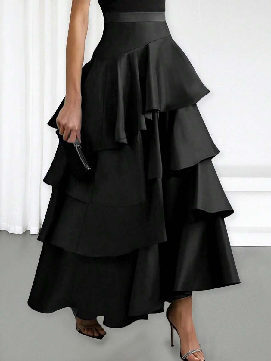 Women's Fashion A-Line Skirt, High Waist Ruffle Hem Solid Color Skirt, Suitable For Summer, Spring, Concerts, Elegant Black - Black - View 1
