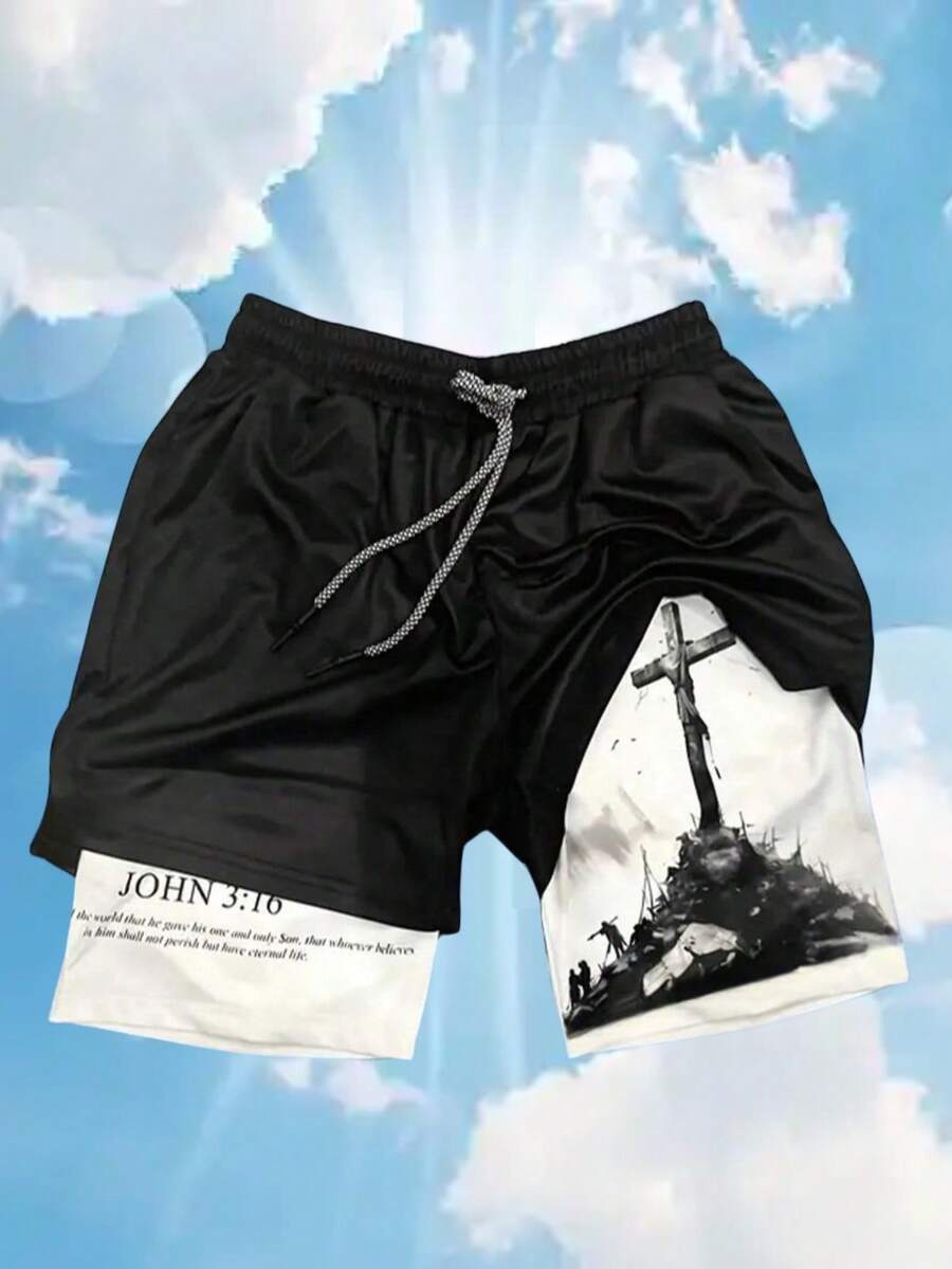 Men's Fashion Street Style Cross Graphic Print Knit Shorts Perfect For Gym Basketball Beach Outings Cross Active Drawstring - 黑與白 - 查看 1